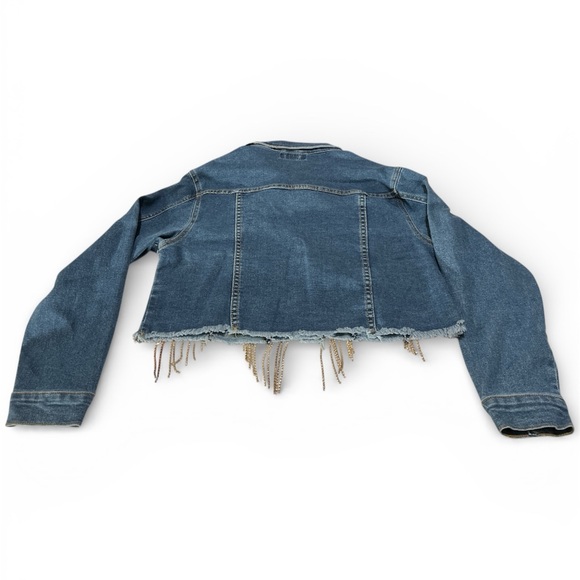 Juniors Denim Crop Jacket with Fringe Detail - Picture 3 of 8